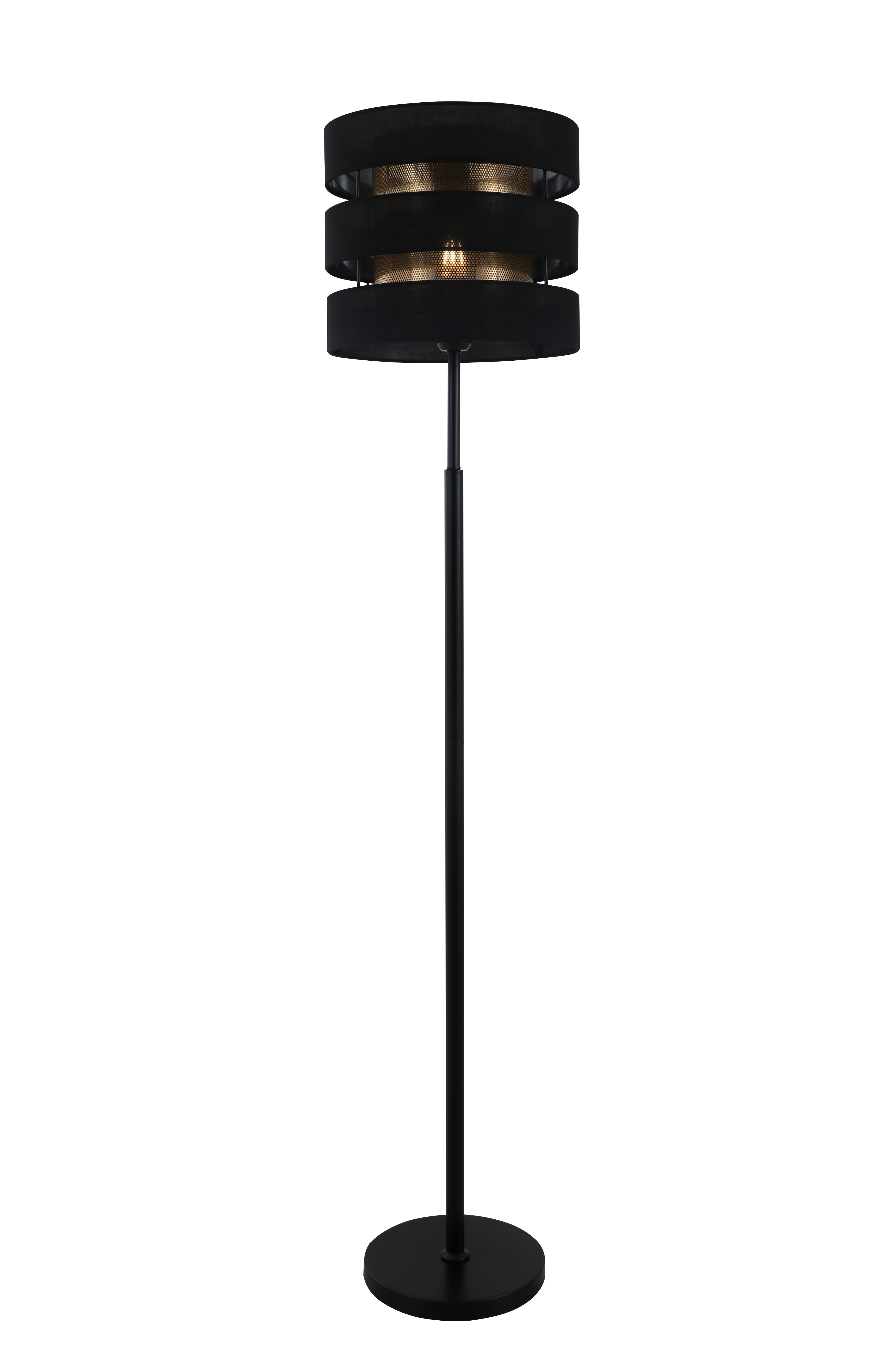 Hur påverkar den geometriska layouten med svart golvlampa med dubbla skuggor ljusfördelning och rumslig estetik?