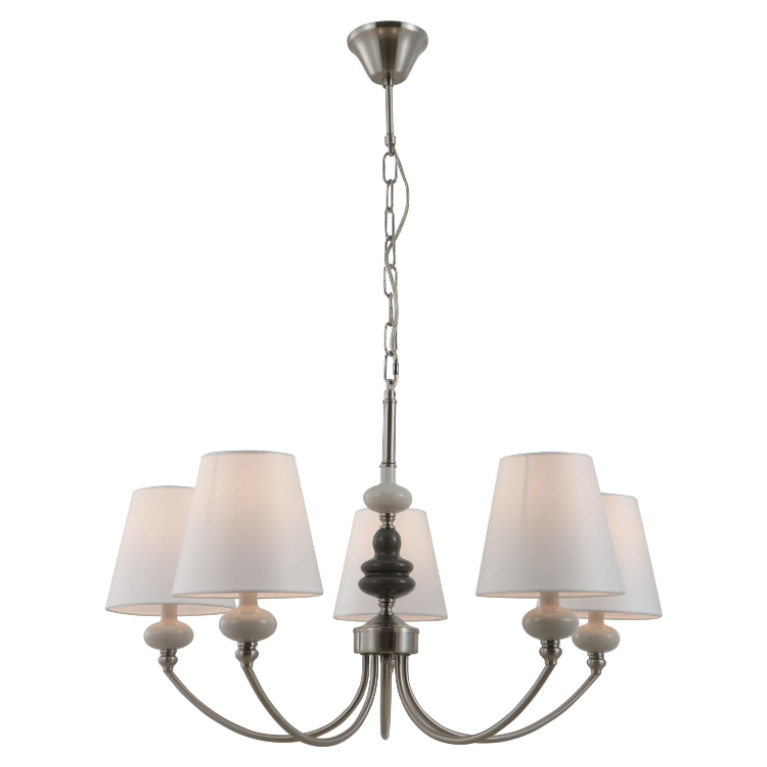 Satin nickel 5-ljus keramiska ljuskronor med vita koniska tygnyanser