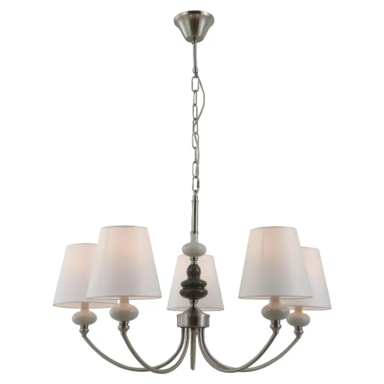 Satin nickel 5-ljus keramiska ljuskronor med vita koniska tygnyanser